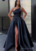 A-line One-Shoulder Long/Floor-Length Satin Prom Dresses With Pockets Waistband Split