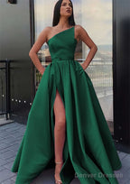 A-line One-Shoulder Long/Floor-Length Satin Prom Dresses With Pockets Waistband Split