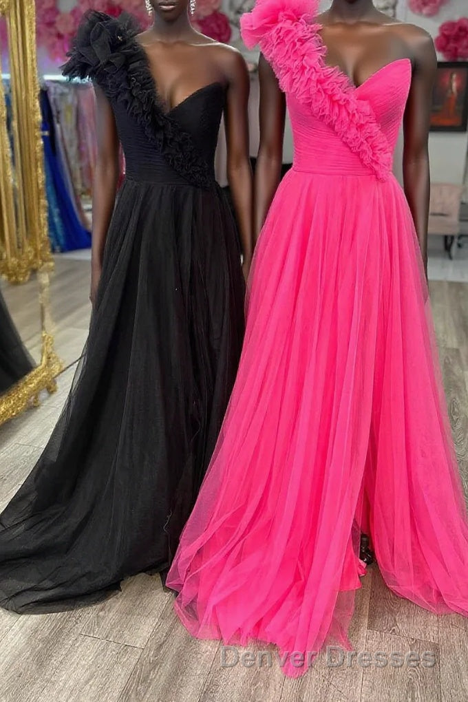 A-Line One Shoulder Long Tulle Prom Dress with Ruffles Main image