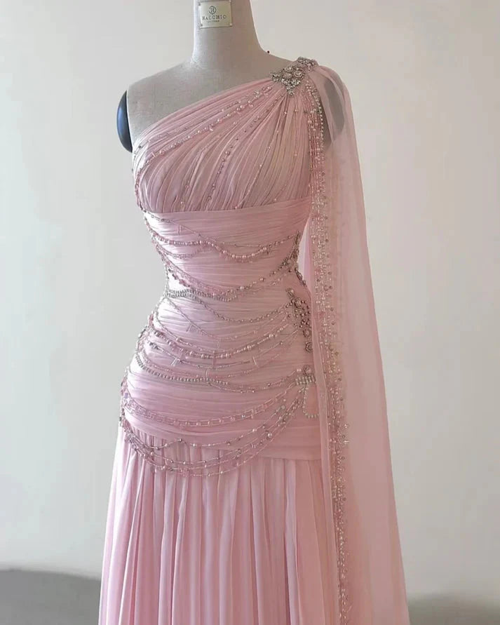 A Line One Shoulder Pink Chiffon Evening Gown Prom Dress (For Sue Nardi)