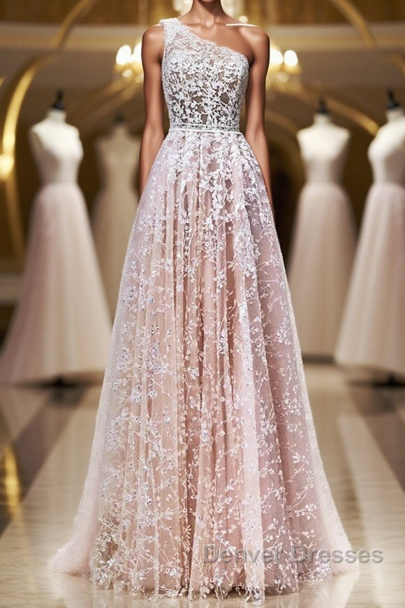 A Line One Shoulder Pink Lace Long Prom Dress, Pink Lace Formal Dress, Pink Evening Dress Main image