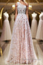 A Line One Shoulder Pink Lace Long Prom Dress, Pink Lace Formal Dress, Pink Evening Dress