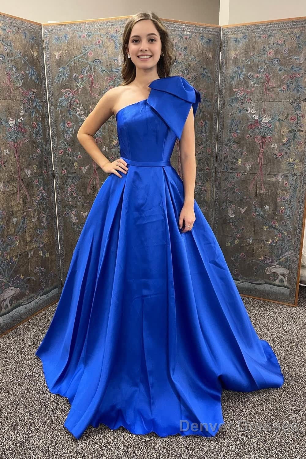 A Line One Shoulder Royal Blue Long Prom Dress with Bowknot Main image