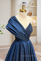 A-Line One Shoulder Satin Beads Dark Blue Long Prom Dress, Blue Long Evening Dress