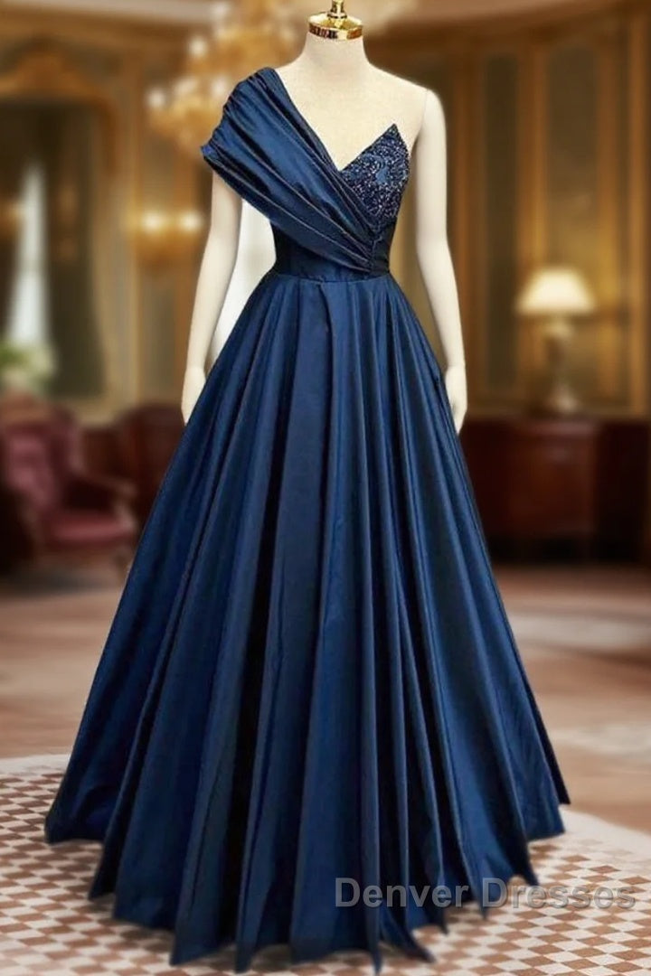 A-Line One Shoulder Satin Beads Dark Blue Long Prom Dress, Blue Long Evening Dress Main image