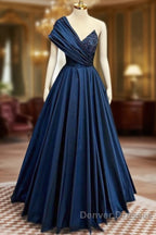 A-Line One Shoulder Satin Beads Dark Blue Long Prom Dress, Blue Long Evening Dress