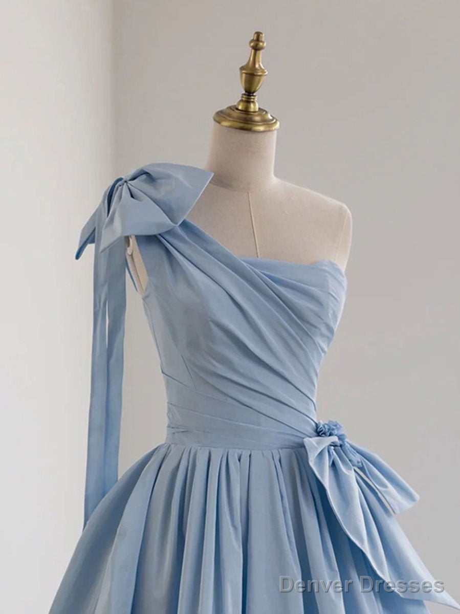 A-Line One Shoulder Satin Blue Long Prom Dresses, Blue Formal Evening Dress Secondary image