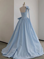 A-Line One Shoulder Satin Blue Long Prom Dresses, Blue Formal Evening Dress