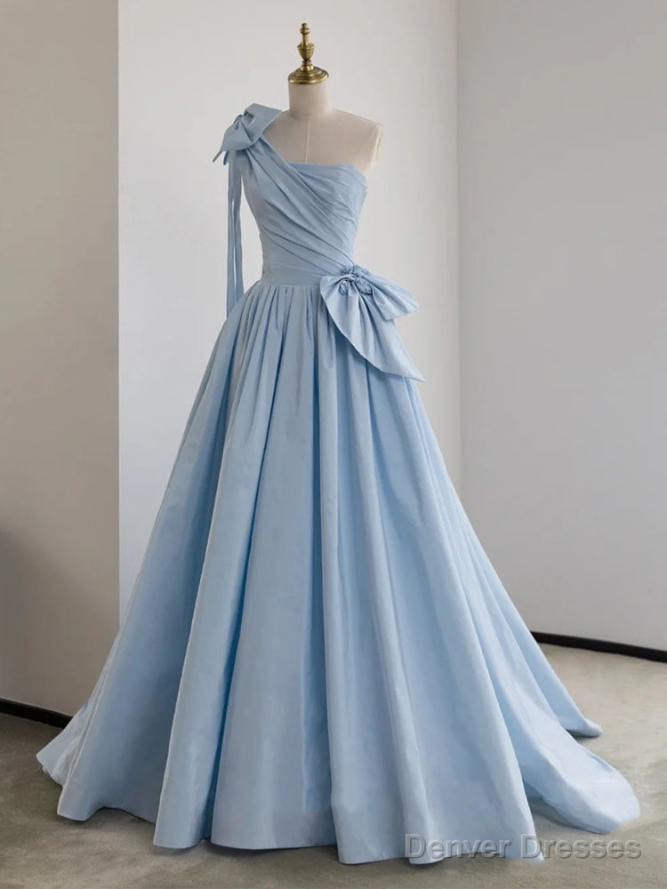 A-Line One Shoulder Satin Blue Long Prom Dresses, Blue Formal Evening Dress Main image