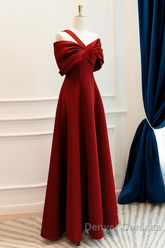 A-Line One Shoulder Satin Burgundy Long Prom Dress, Burgundy Long Formal Dress