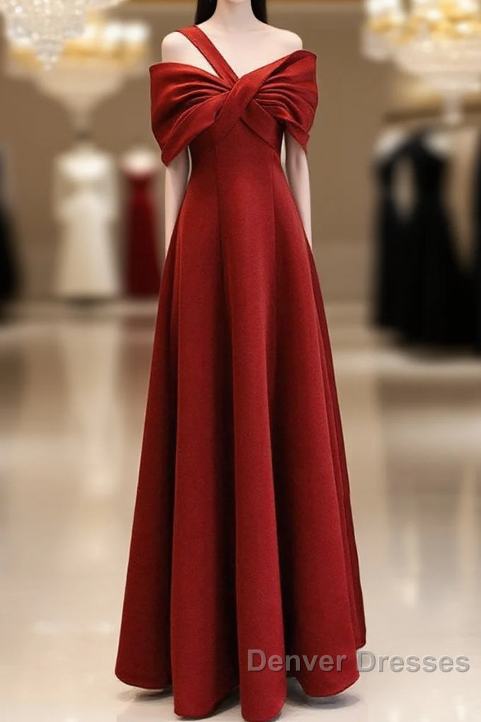 A-Line One Shoulder Satin Burgundy Long Prom Dress, Burgundy Long Formal Dress Main image