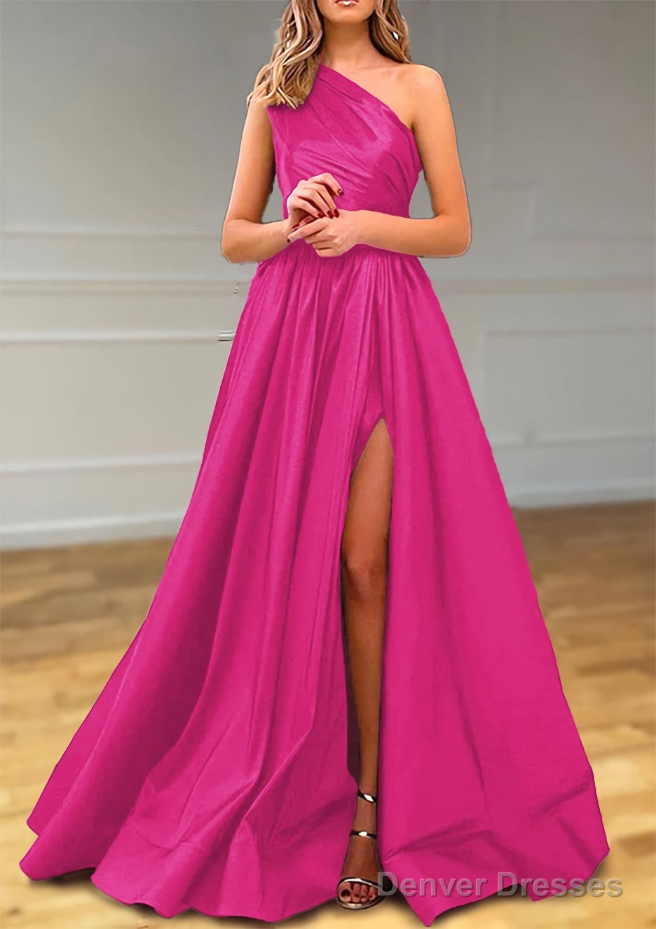 A-line One-Shoulder Satin Prom Dresses With Pleated Split