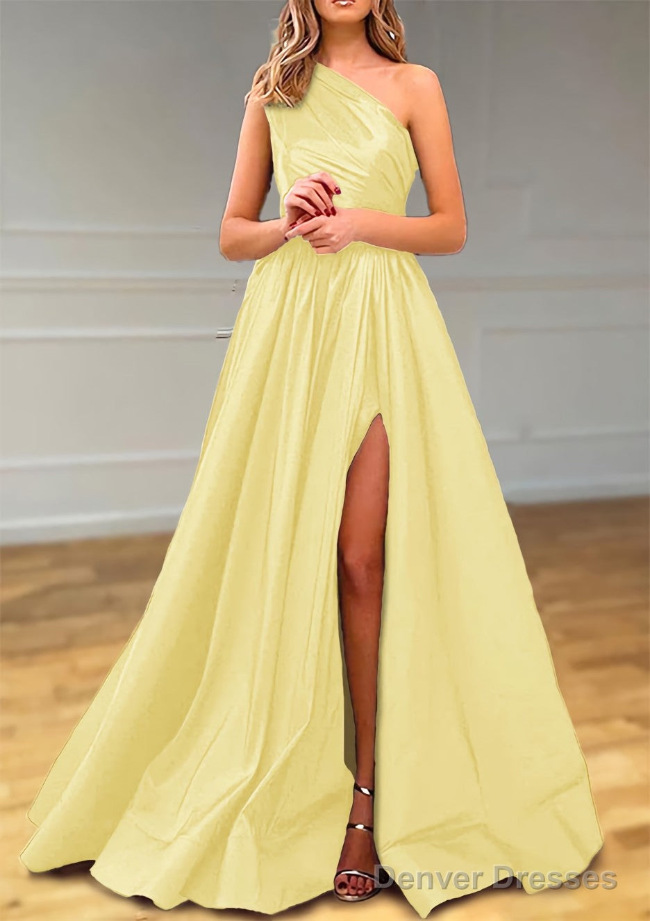 A-line One-Shoulder Satin Prom Dresses With Pleated Split