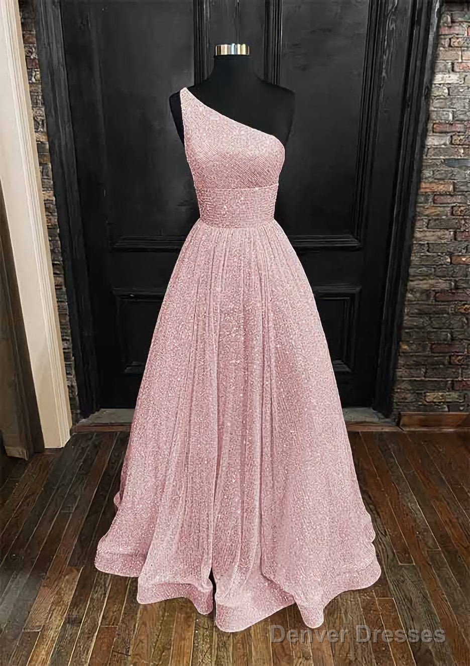 A-line One-Shoulder Sleeveless Long/Floor-Length Sequined Prom Dresses With Pockets