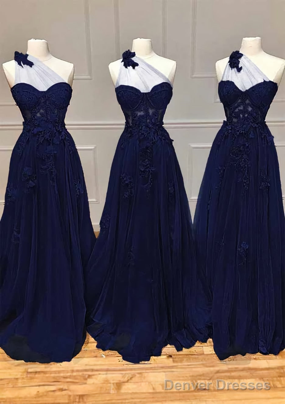 A-line One-Shoulder Sleeveless Long/Floor-Length Tulle Prom Dresses with Appliqued Split