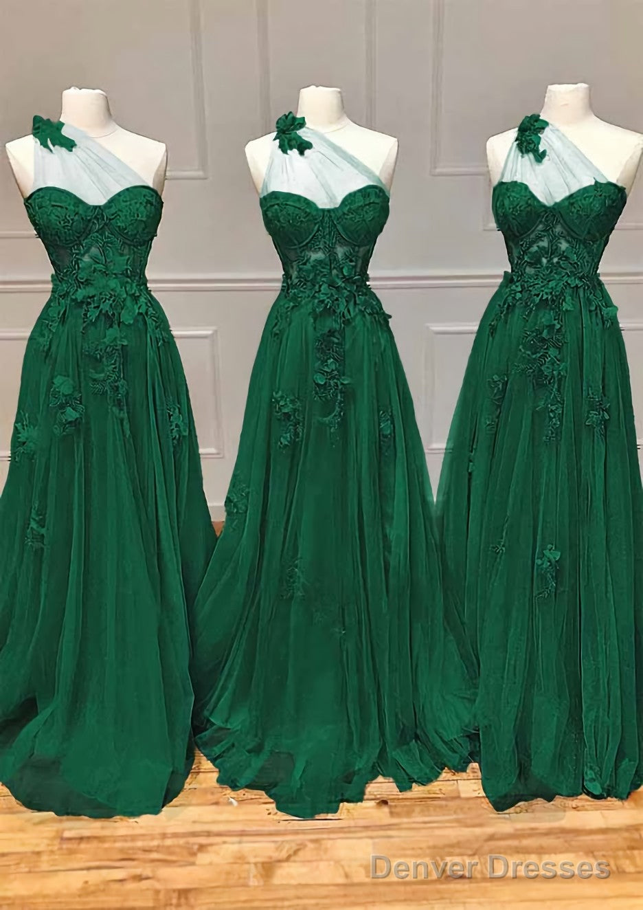 A-line One-Shoulder Sleeveless Long/Floor-Length Tulle Prom Dresses with Appliqued Split