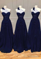 A-line One-Shoulder Sleeveless Long/Floor-Length Tulle Prom Dresses with Appliqued Split