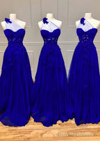 A-line One-Shoulder Sleeveless Long/Floor-Length Tulle Prom Dresses with Appliqued Split