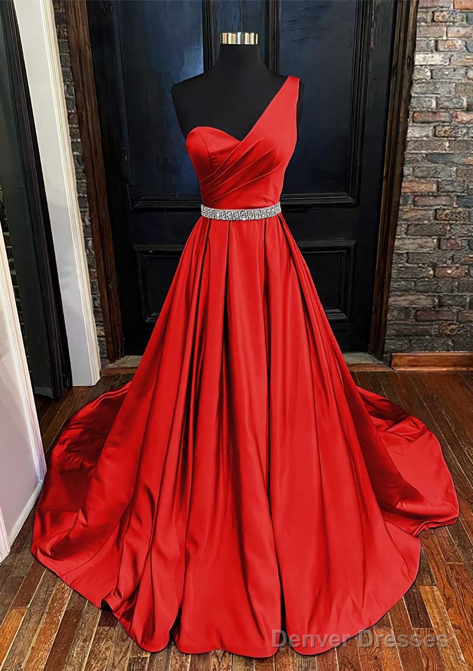 A-line One-Shoulder Sleeveless Satin Long/Floor-Length Prom Dresses With Beading Pleated