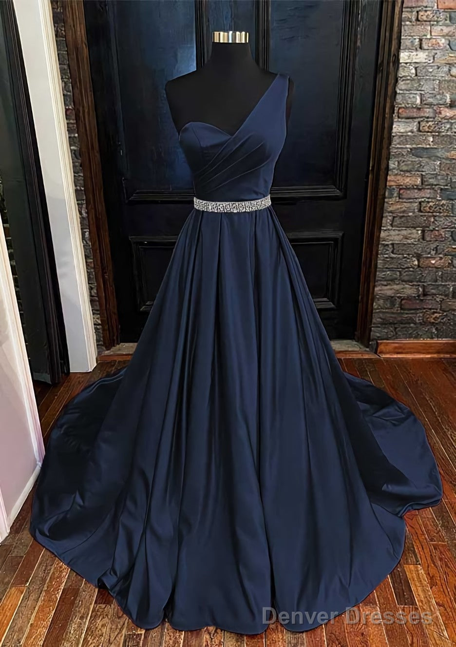 A-line One-Shoulder Sleeveless Satin Long/Floor-Length Prom Dresses With Beading Pleated Secondary image