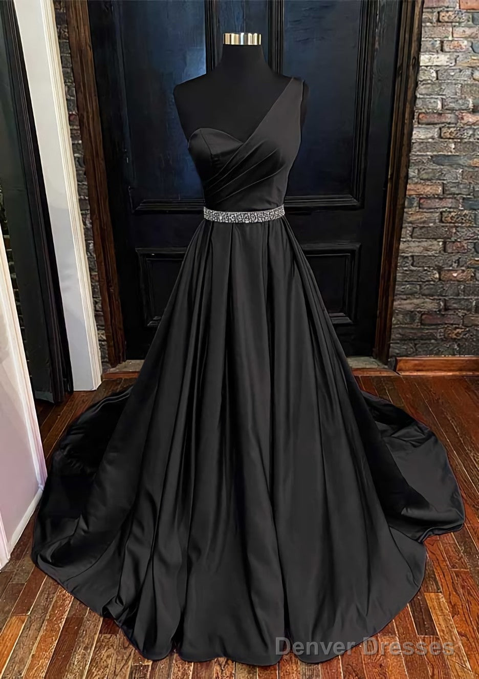 A-line One-Shoulder Sleeveless Satin Long/Floor-Length Prom Dresses With Beading Pleated