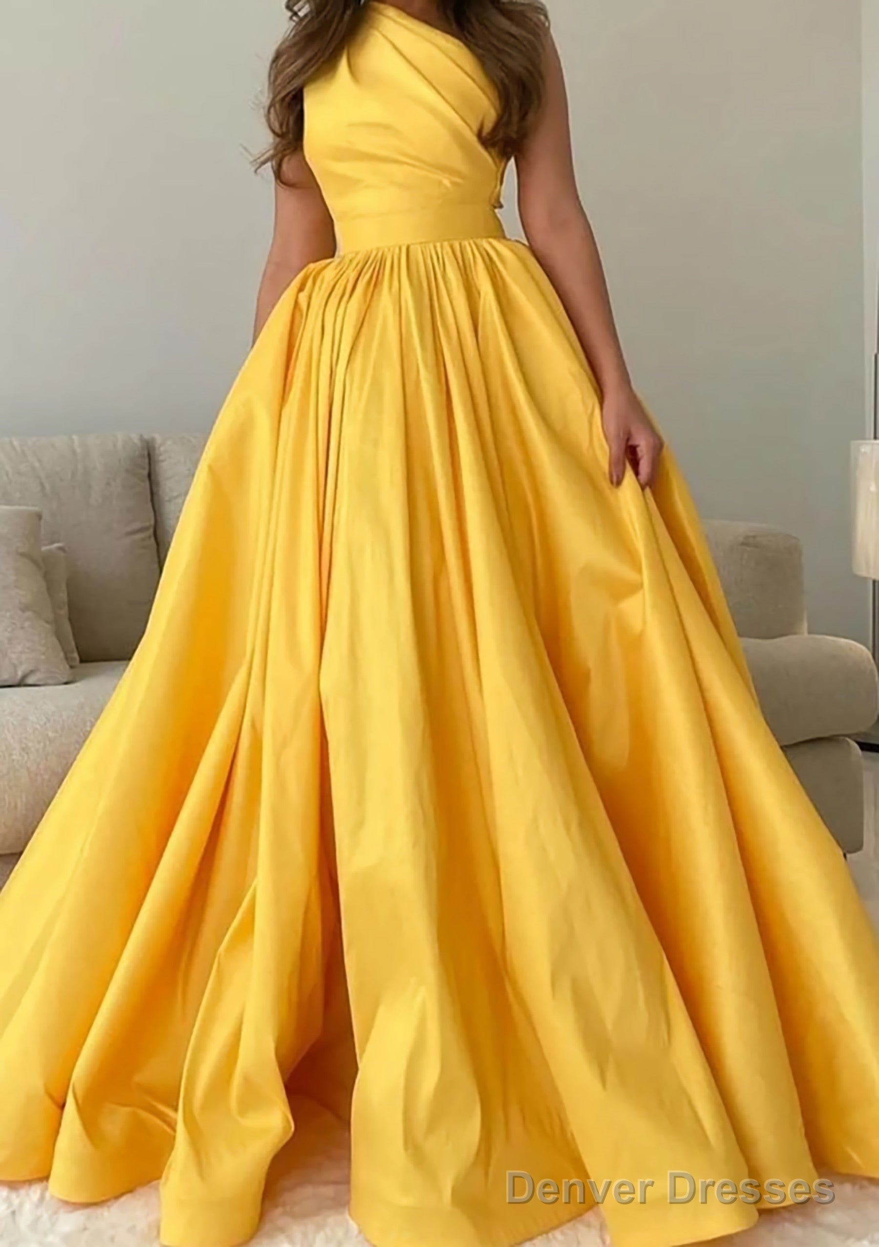 A-line One-Shoulder Sleeveless Sweep Train Satin Prom Dresses with Pleated Main image