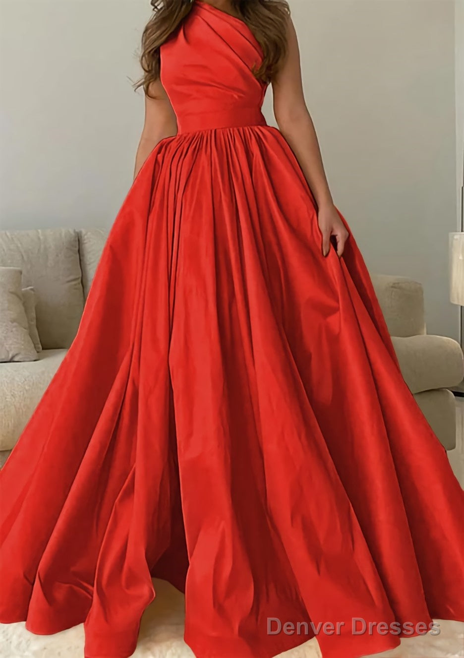 A-line One-Shoulder Sleeveless Sweep Train Satin Prom Dresses with Pleated