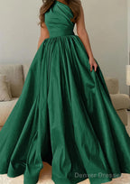 A-line One-Shoulder Sleeveless Sweep Train Satin Prom Dresses with Pleated