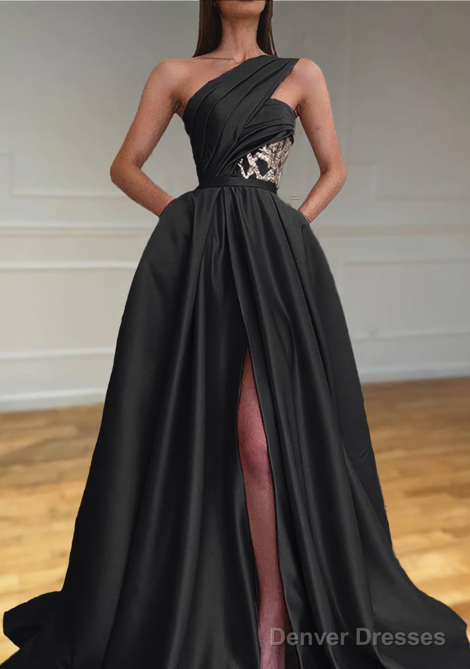 A-line One-Shoulder Sleeveless Sweep Train Satin Prom Dresses With Split Pleated