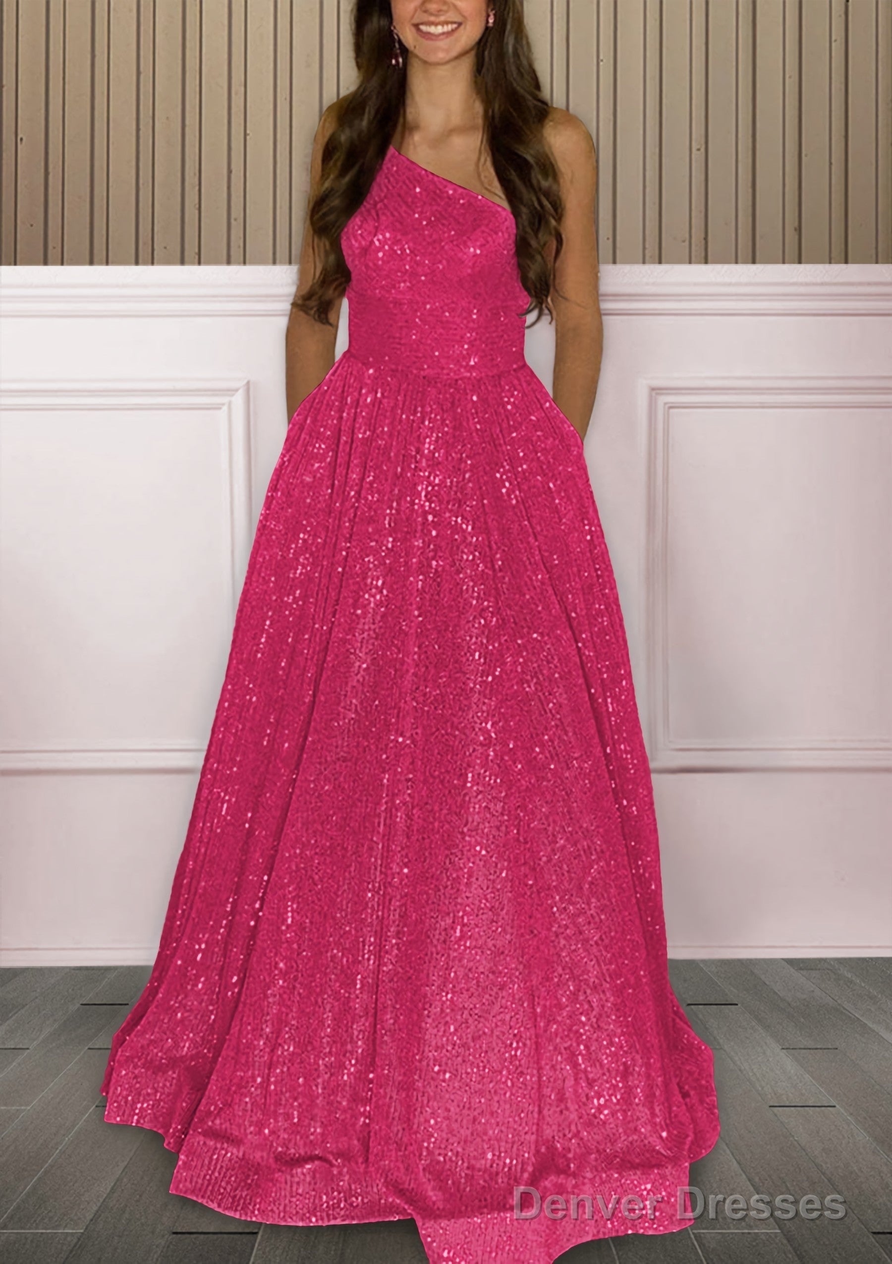 A-line One-Shoulder Sleeveless Sweep Train Sequined Prom Dresses with Pockets Main image