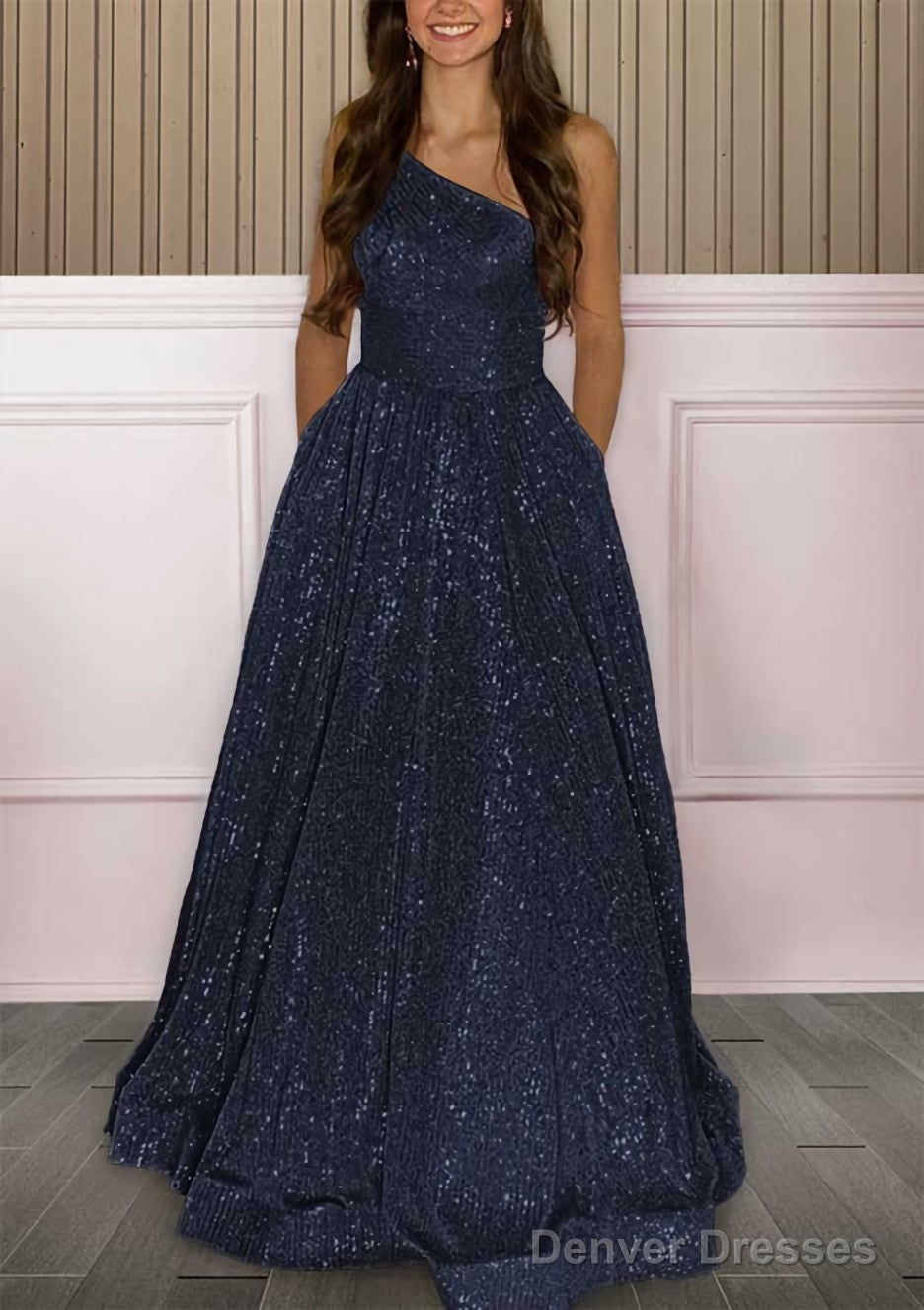 A-line One-Shoulder Sleeveless Sweep Train Sequined Prom Dresses with Pockets Secondary image