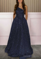 A-line One-Shoulder Sleeveless Sweep Train Sequined Prom Dresses with Pockets