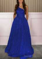 A-line One-Shoulder Sleeveless Sweep Train Sequined Prom Dresses with Pockets