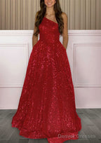 A-line One-Shoulder Sleeveless Sweep Train Sequined Prom Dresses with Pockets