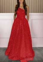 A-line One-Shoulder Sleeveless Sweep Train Sequined Prom Dresses with Pockets