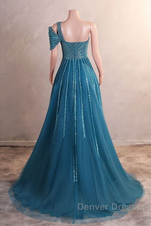 A-Line One Shoulder Tulle Beaded Long Prom Dress Elegant Evening Gown Secondary image