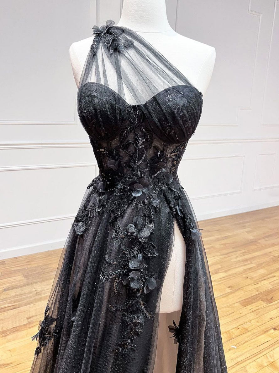 A-Line One Shoulder Tulle Lace Black Prom Dress, Black Long Evening Dress Secondary image