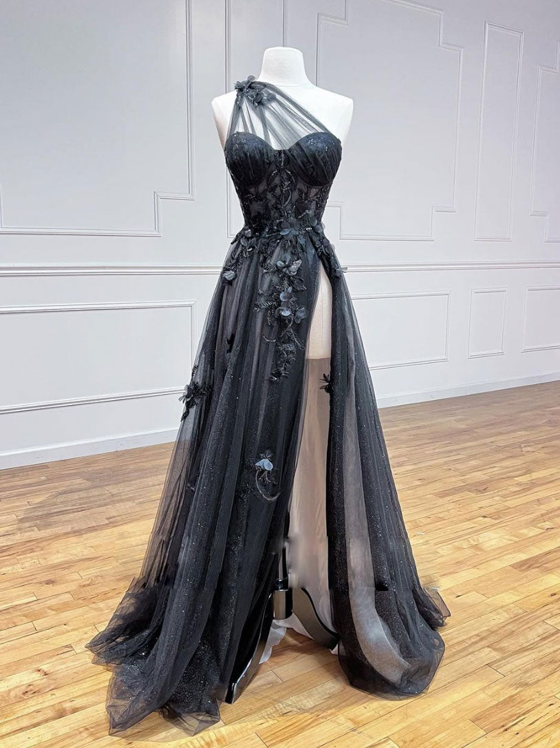 A-Line One Shoulder Tulle Lace Black Prom Dress, Black Long Evening Dress Main image