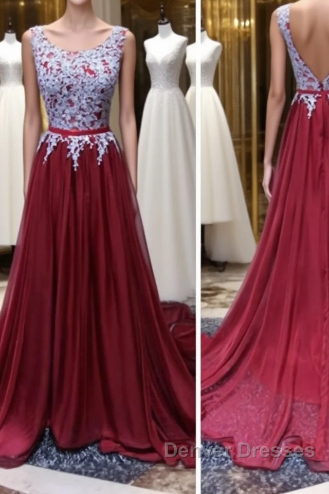 A Line Open Back Lace Burgundy Prom Dress, Burgundy Formal Dress Main image