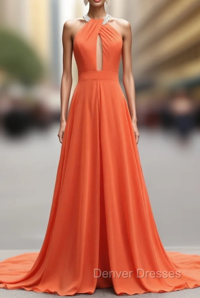 A-Line Orange Chiffon Halter Cut Out Backless Prom Dress Main image