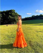 A Line Orange Long Prom Dress V Neck Formal Dress Outfits