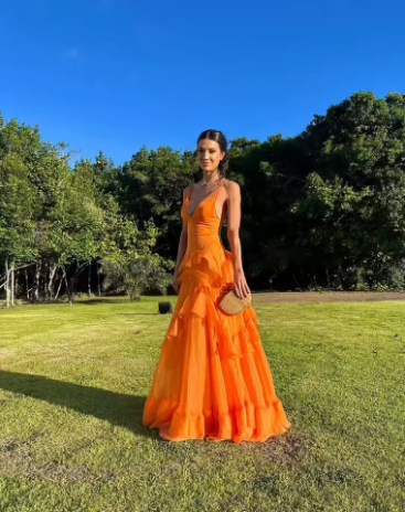 A Line Orange Long Prom Dress V Neck Formal Dress Outfits