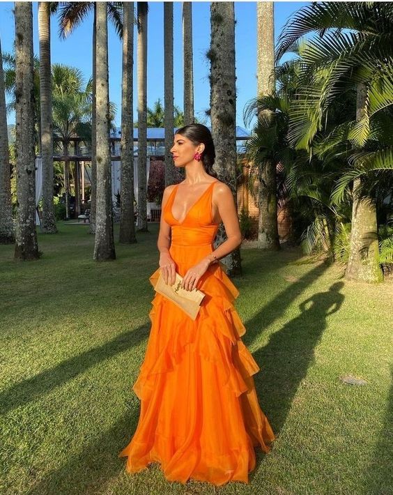 A Line Orange Long Prom Dress V Neck Formal Dress Outfits Main image