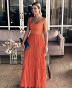 A-Line Orange Modest Formal Long Women Evening Prom Dress
