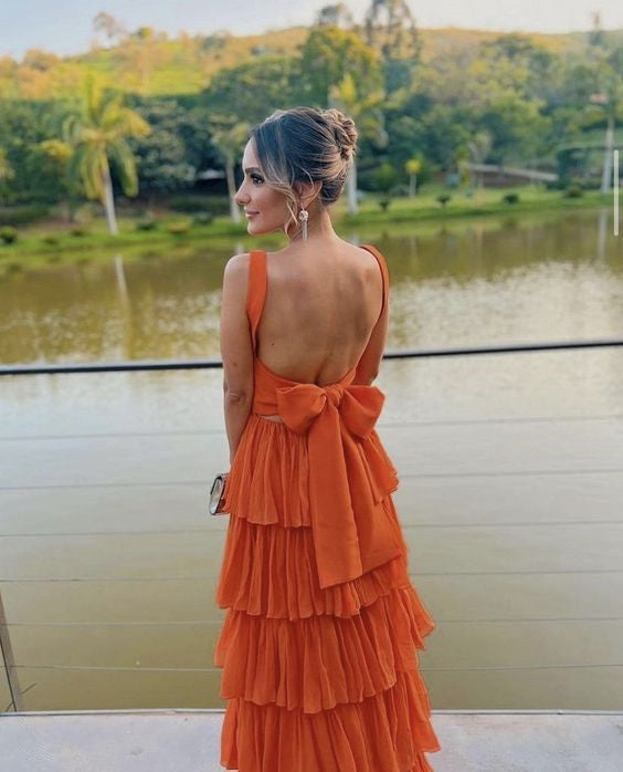 A-Line Orange Modest Formal Long Women Evening Prom Dress