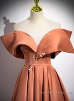 A-Line Orange Satin Beaded Sweetheart Prom Dress, Orange Long Evening Dress