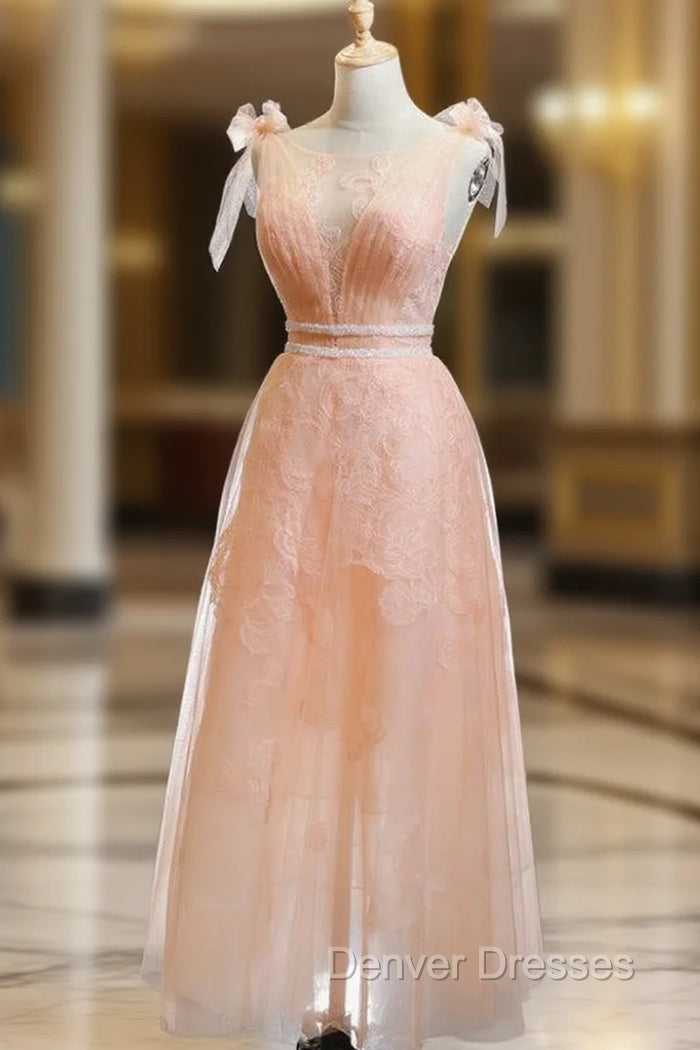A-Line Orange Tulle Appliques Bateau Pleats Prom Dress With Beading