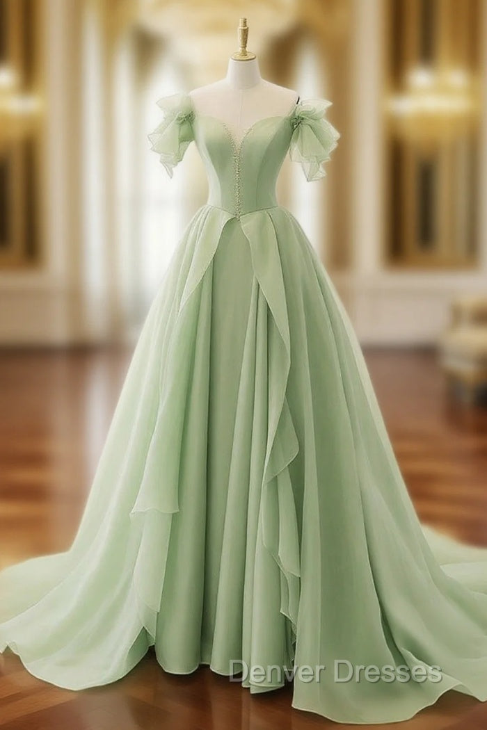 A-Line Organza Green Long Prom Dress, Green Long Graduation Dress Main image