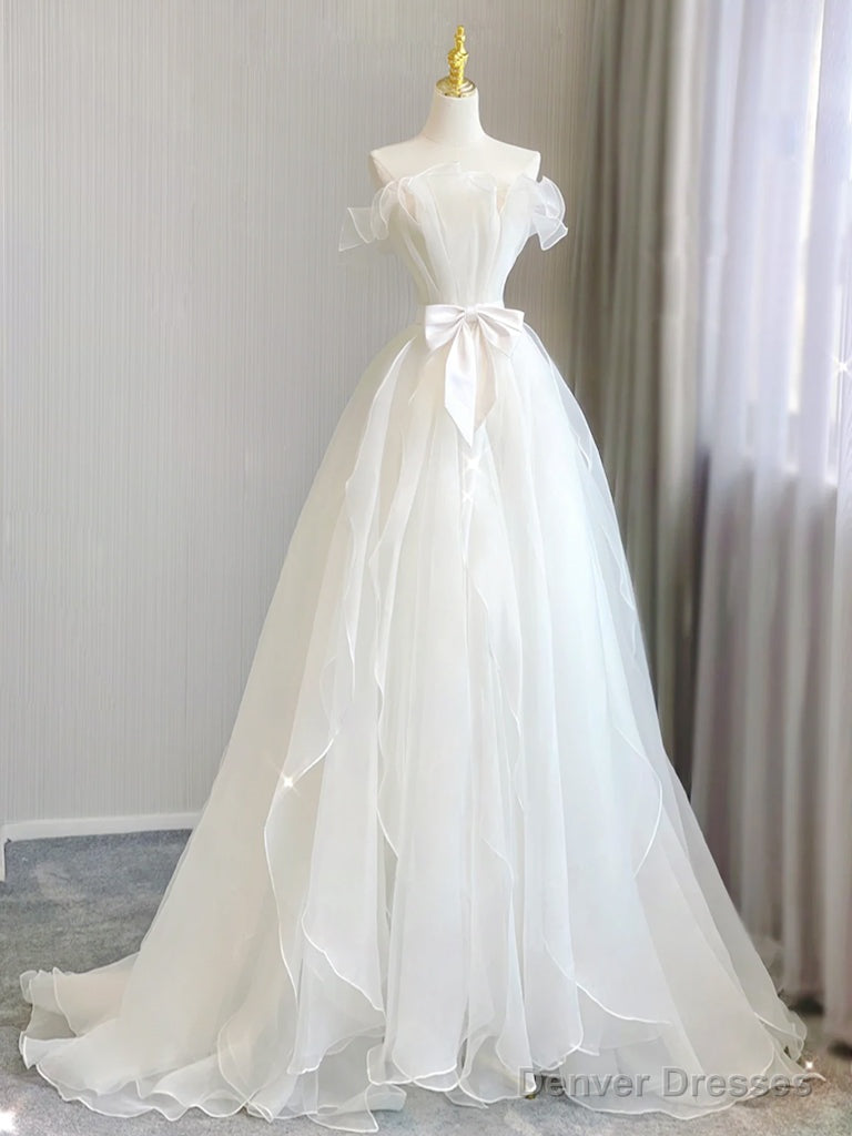 A-Line Organza White Long Prom Dress, White Long Formal Dress Main image