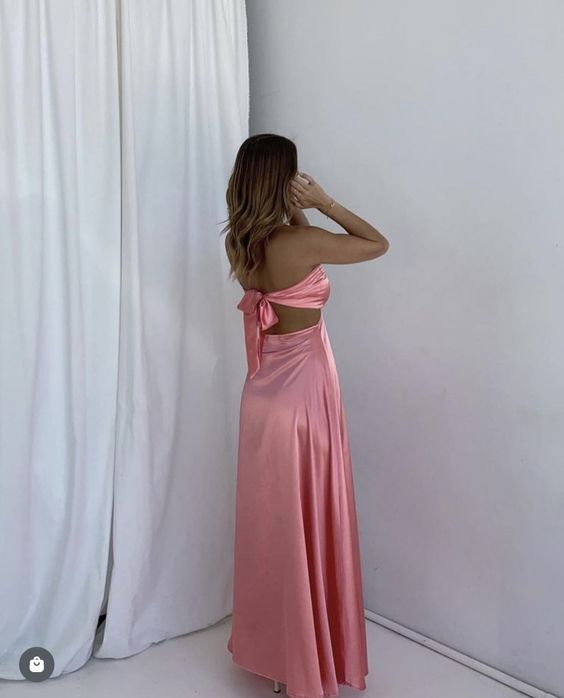 A Line Pink Backless Evening Party Dress Long Pink Prom Dress